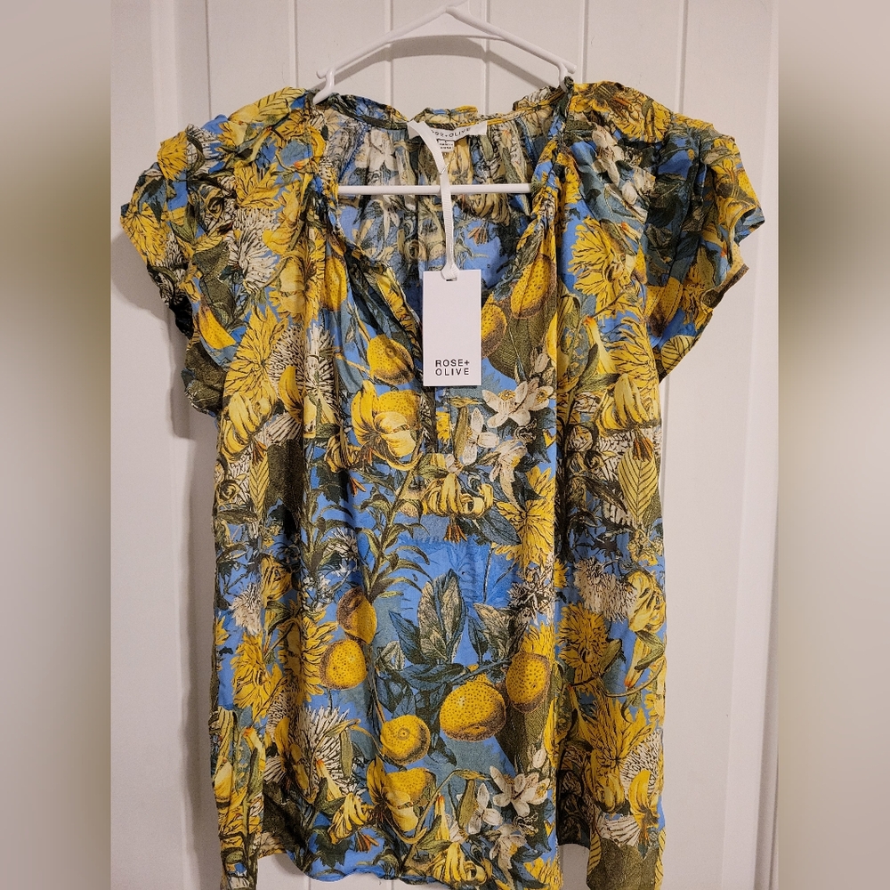 Rose & Olive Blue and Yellow Floral Blouse